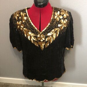 Vintage Carina Evening top Women's M formal sequins cocktail 100% silk blouse